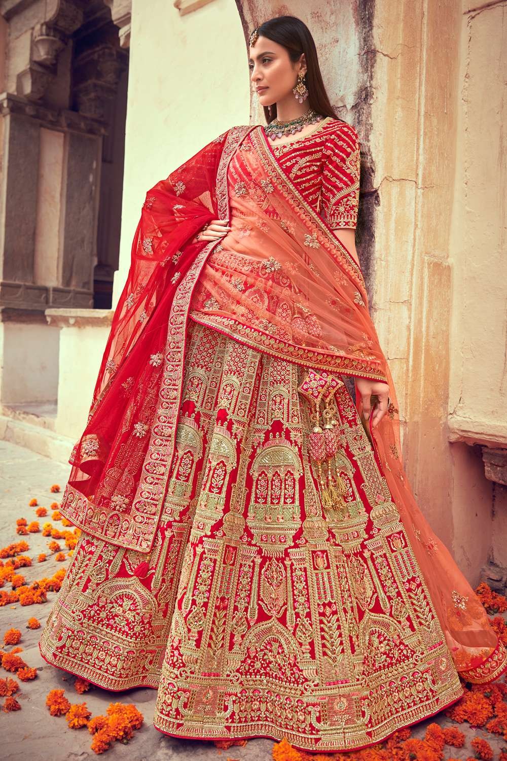 RED SILK EMBROIDERY & HANDWORK WEDDING-WEAR BRIDAL LEHENGA CHOLI @Indian  Couture