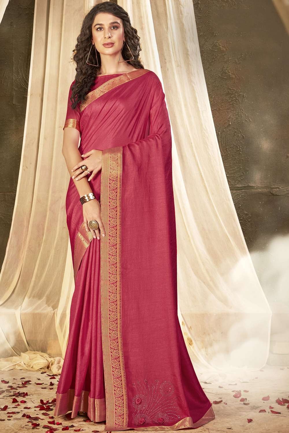 Elegant Purple Designer Vichitra Silk Saree with Swarovski Detailing – Gunj  Fashion