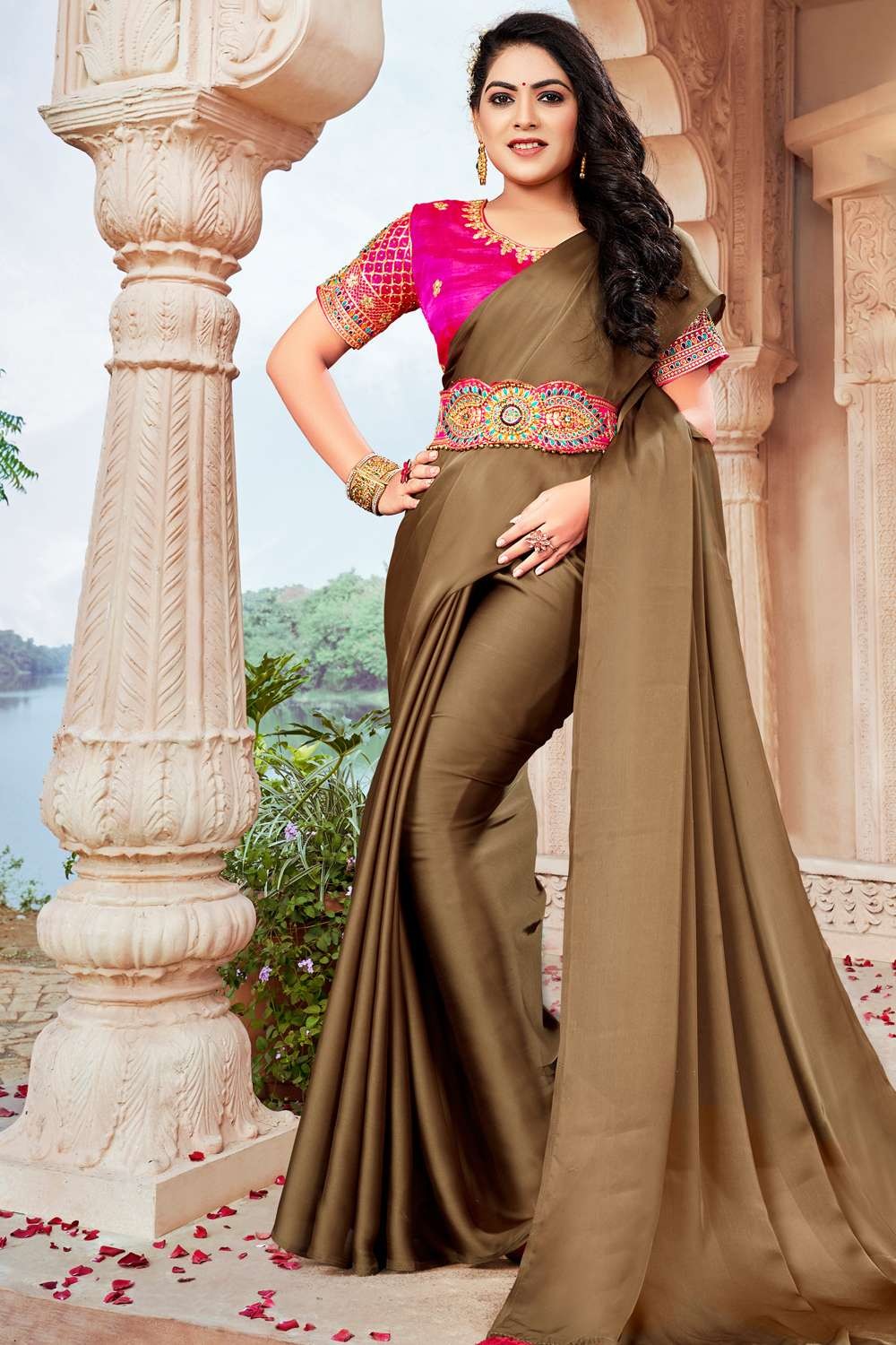 Buy Chiffon Pink Embroidered Contemporary Style Saree Online -