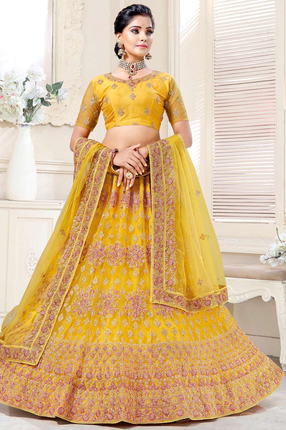 Banarasi Silk Unstitched Yellow Haldi Lehenga Choli Online India USA –  Sunasa