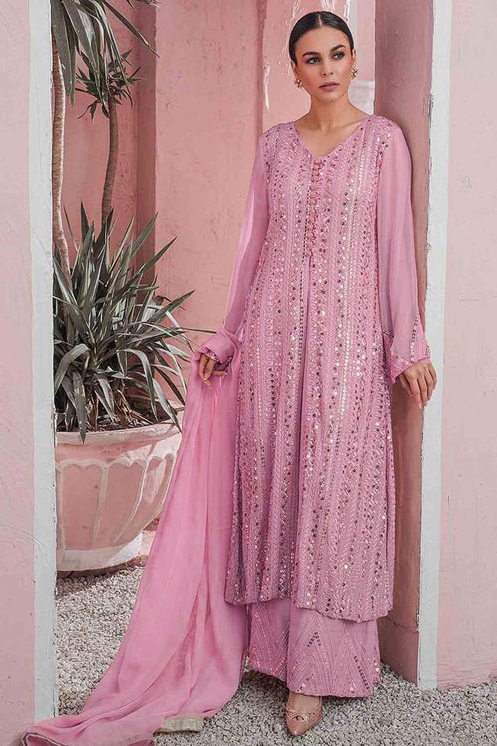 Pink Heavy Designer Embroidered Work Palazzo/Pant Suit - Indian