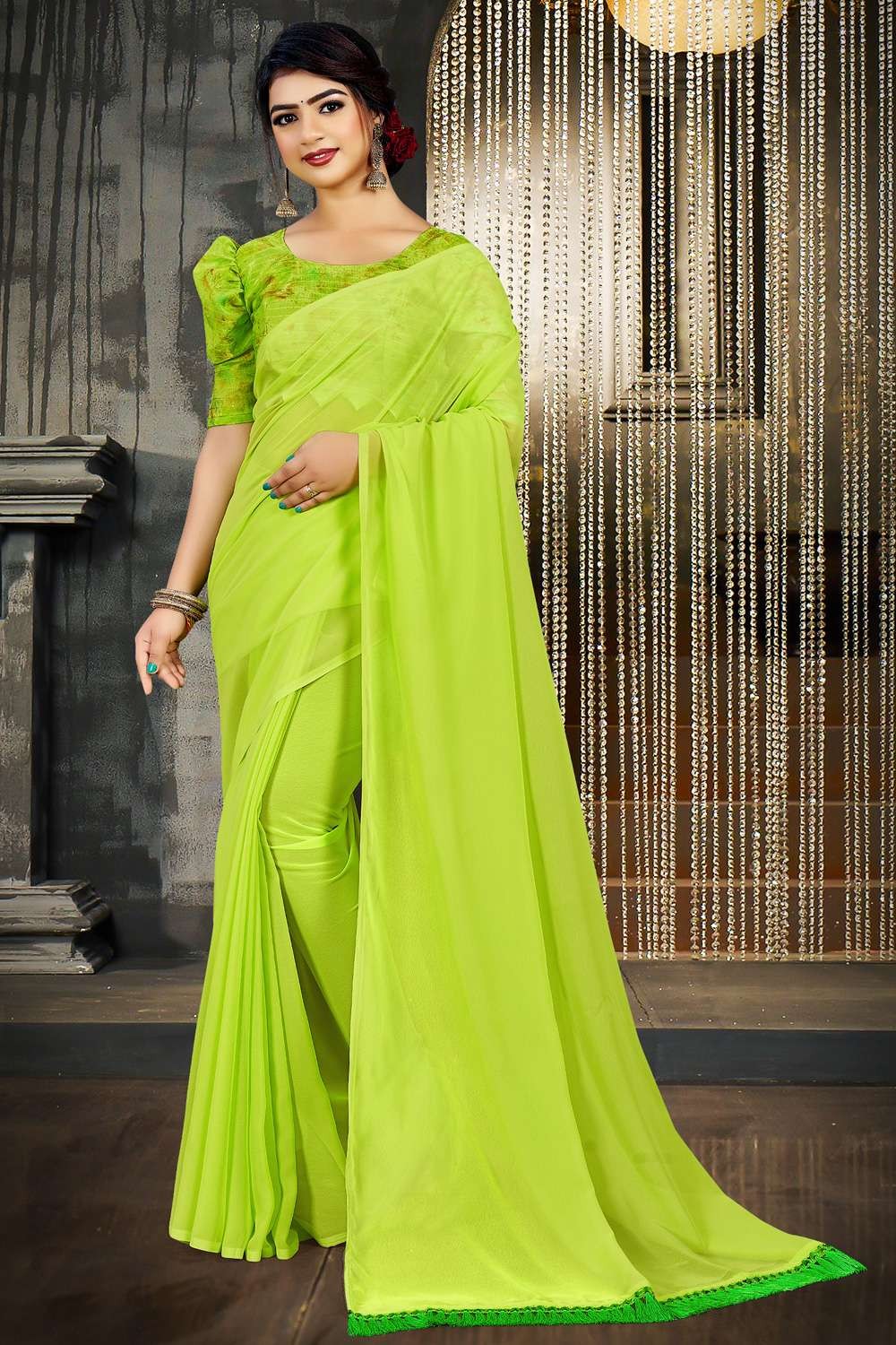 Swtantra Lime Green & Pink Satin Saree - Absolutely Desi