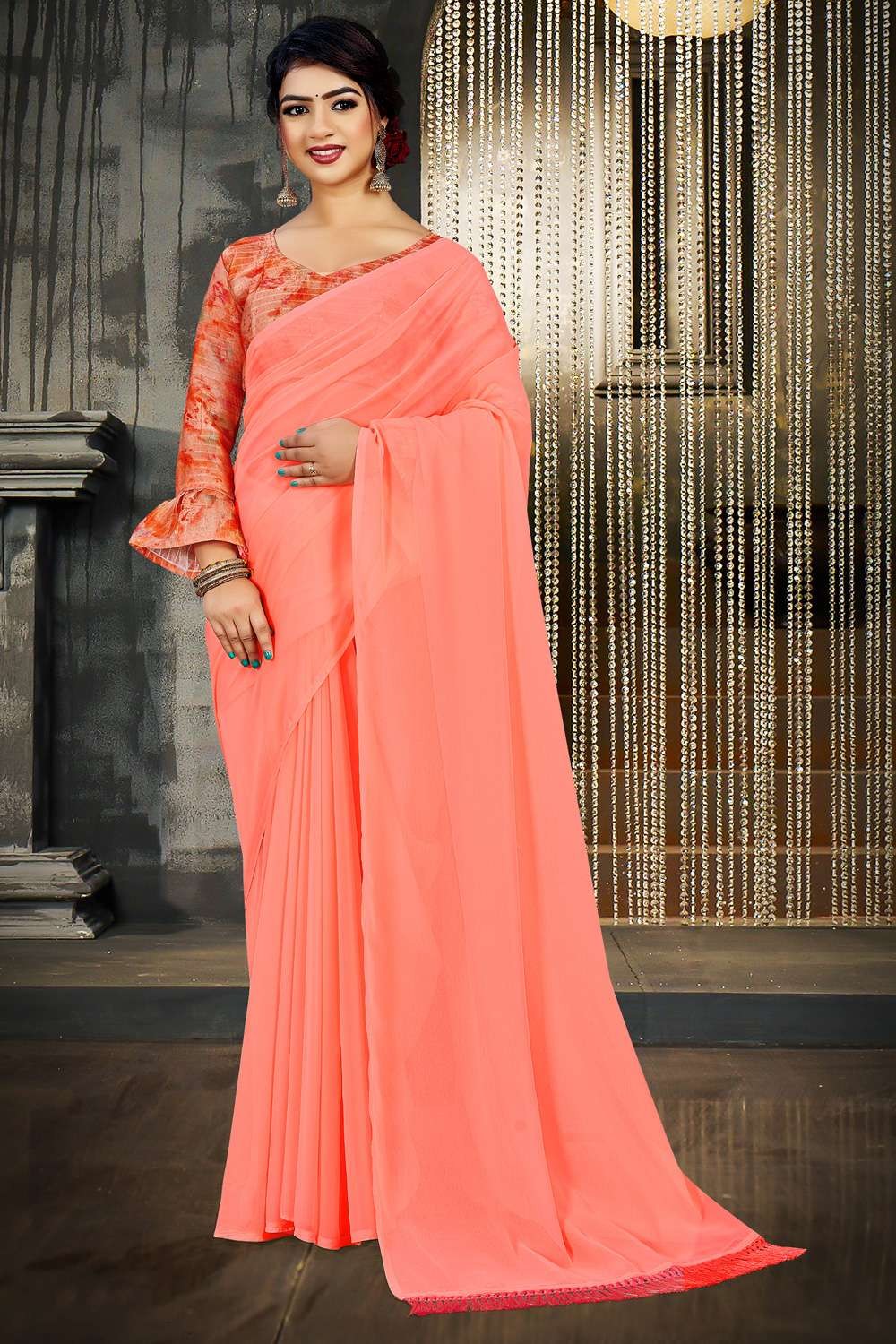 Indriya Peach & Orange Chiffon Saree – Pratibha Sarees