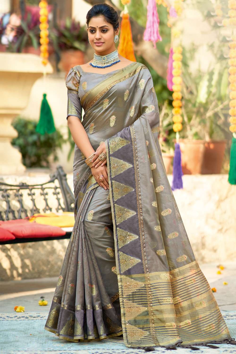 Silk Saree with blouse in Grey colour 5309