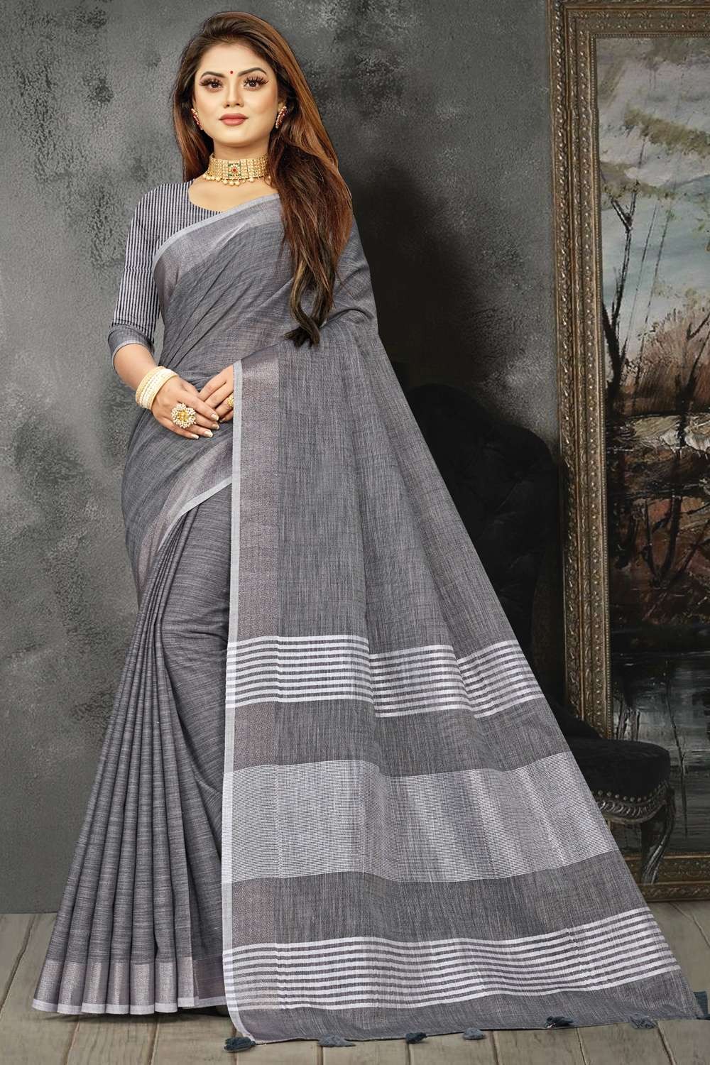 Buy grey cotton linen saree online on Karagiri | BUY NOW – Karagiri Global