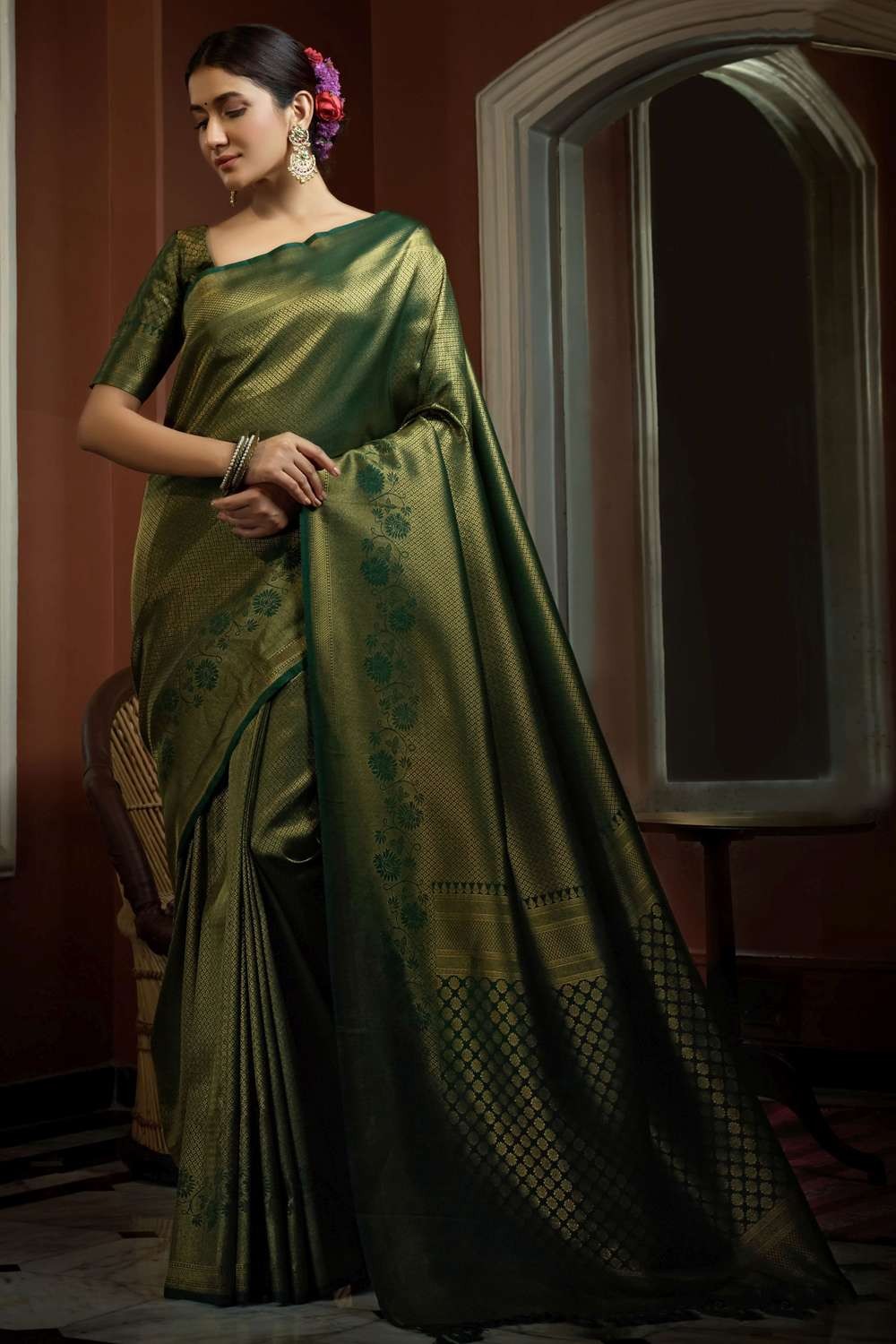 Dark Green Printed Soft Silk Saree | Kolour