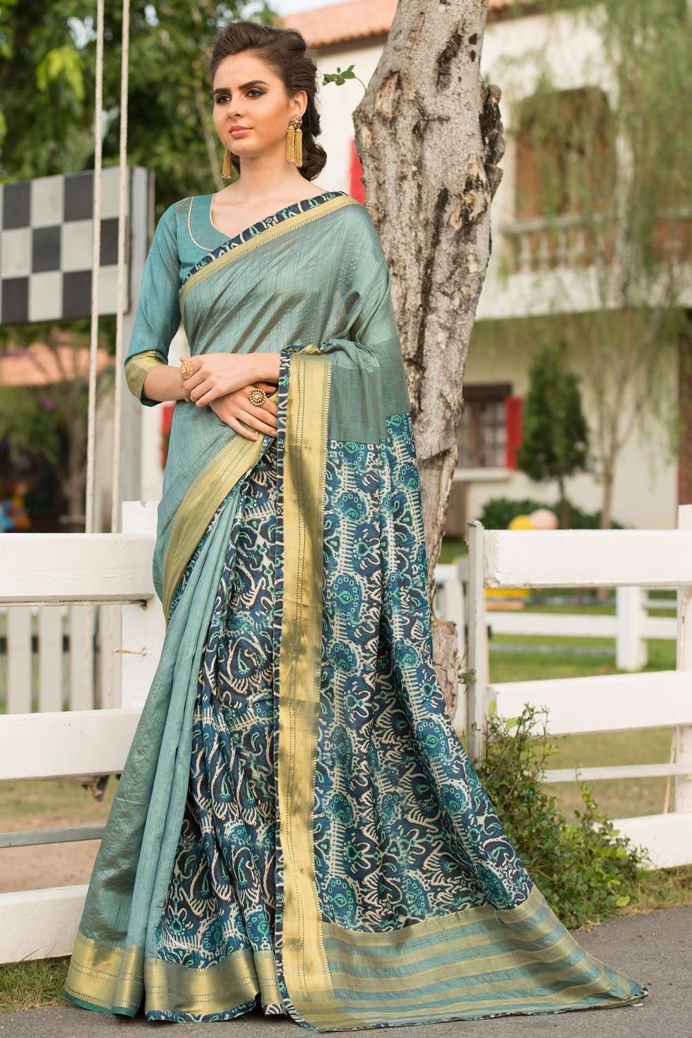 All Over Floral Printed Organza Silk Saree With Golden Lace Border