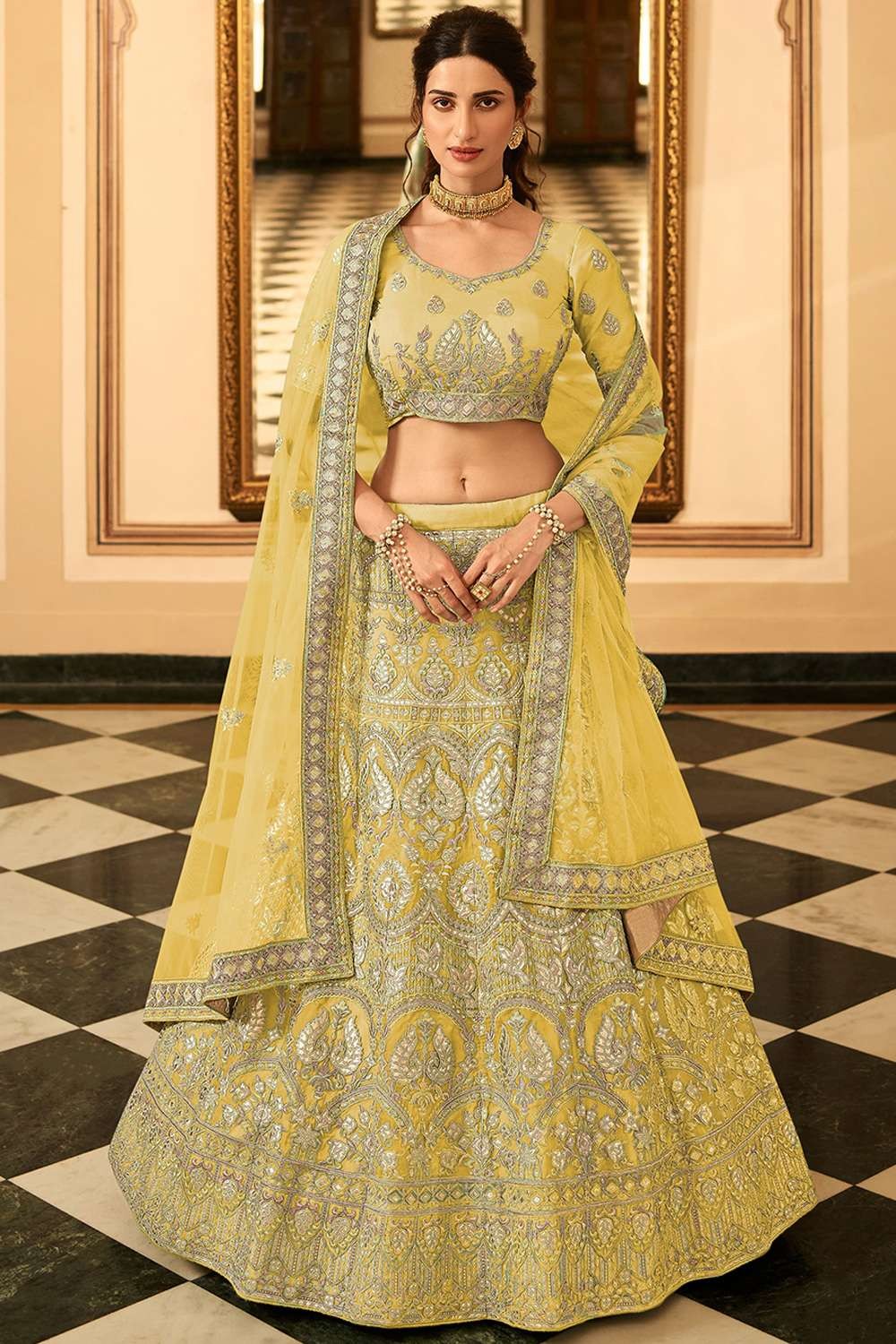 Mehendi Sangeet Yellow color Silk fabric Lehenga : 1535641