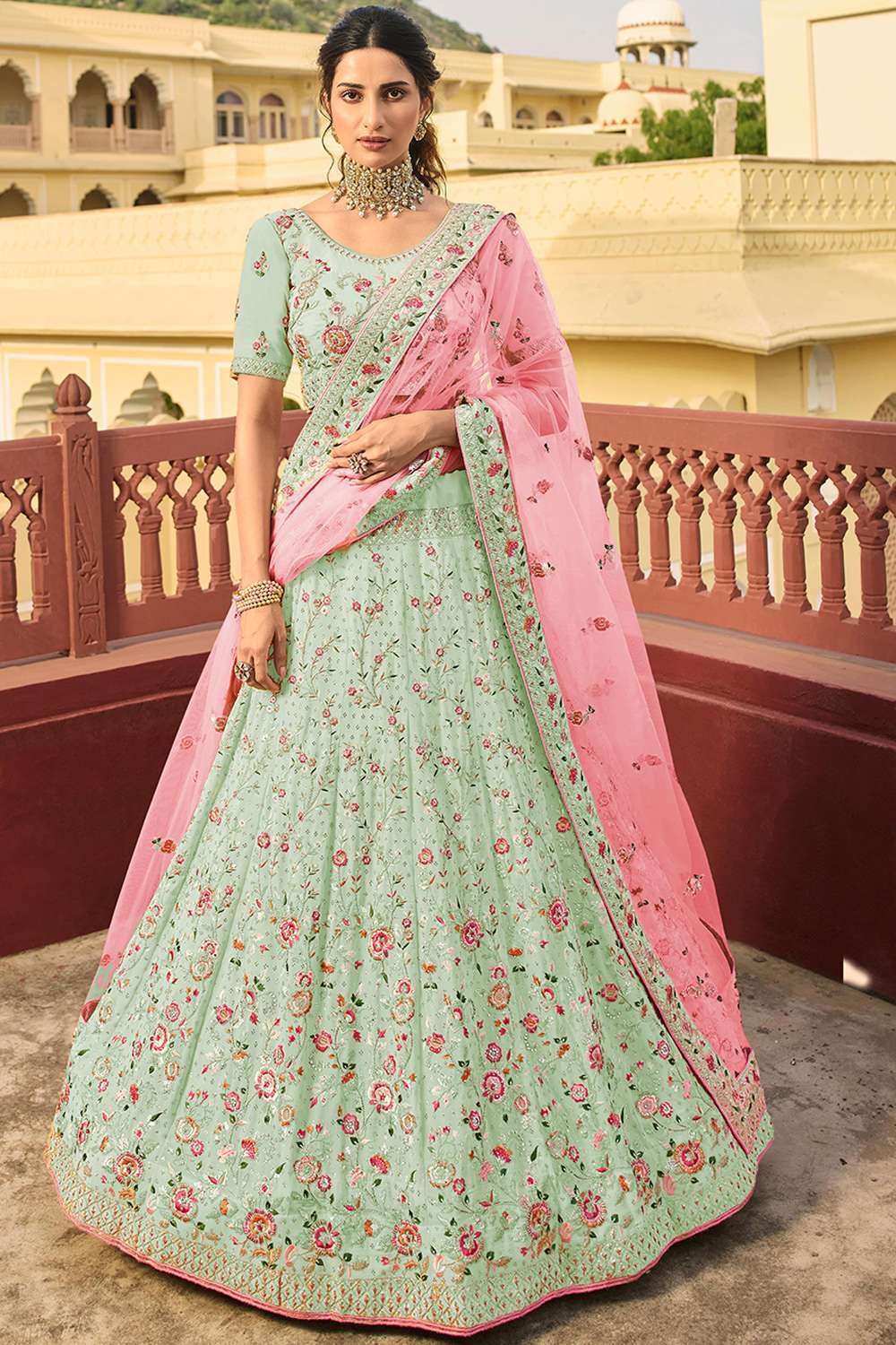 Embroidery pista green georgette lehenga choli with dupatta at Rs 13999 in  Surat