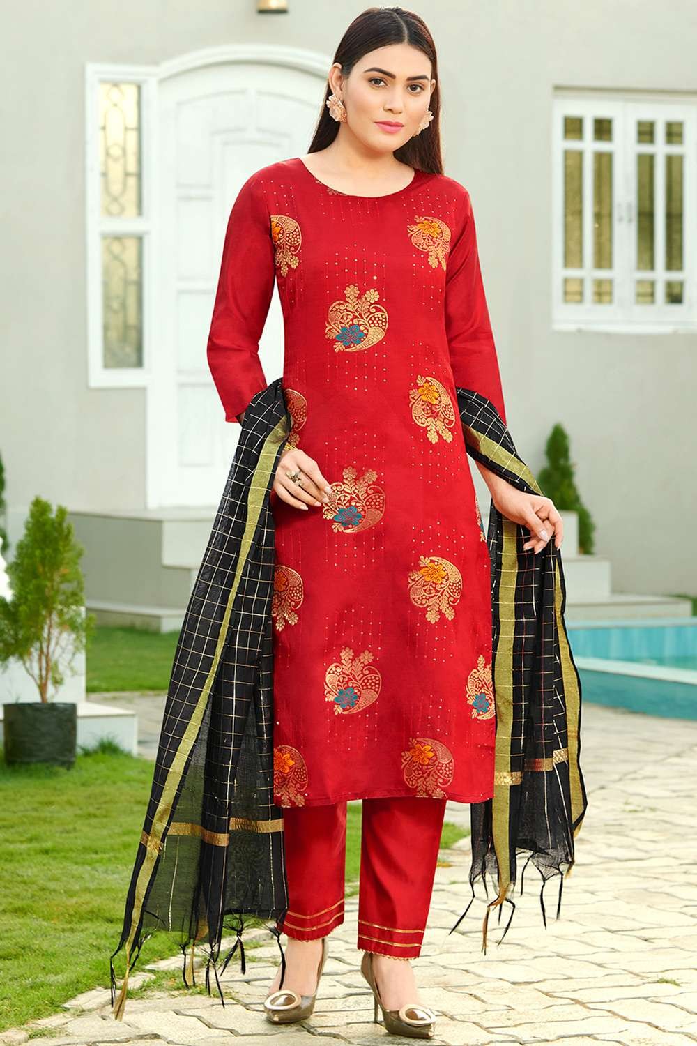 Beautiful red & black salwar kameez with dupatta