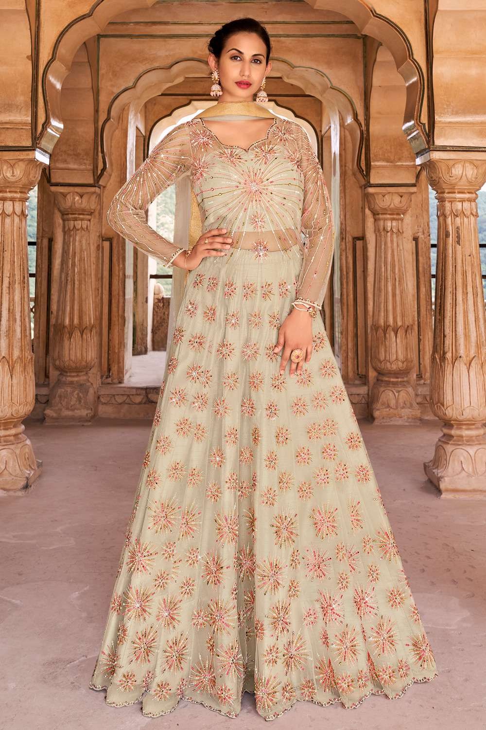 Net Embroidery Anarkali Suit In Beige Colour - SM5630013