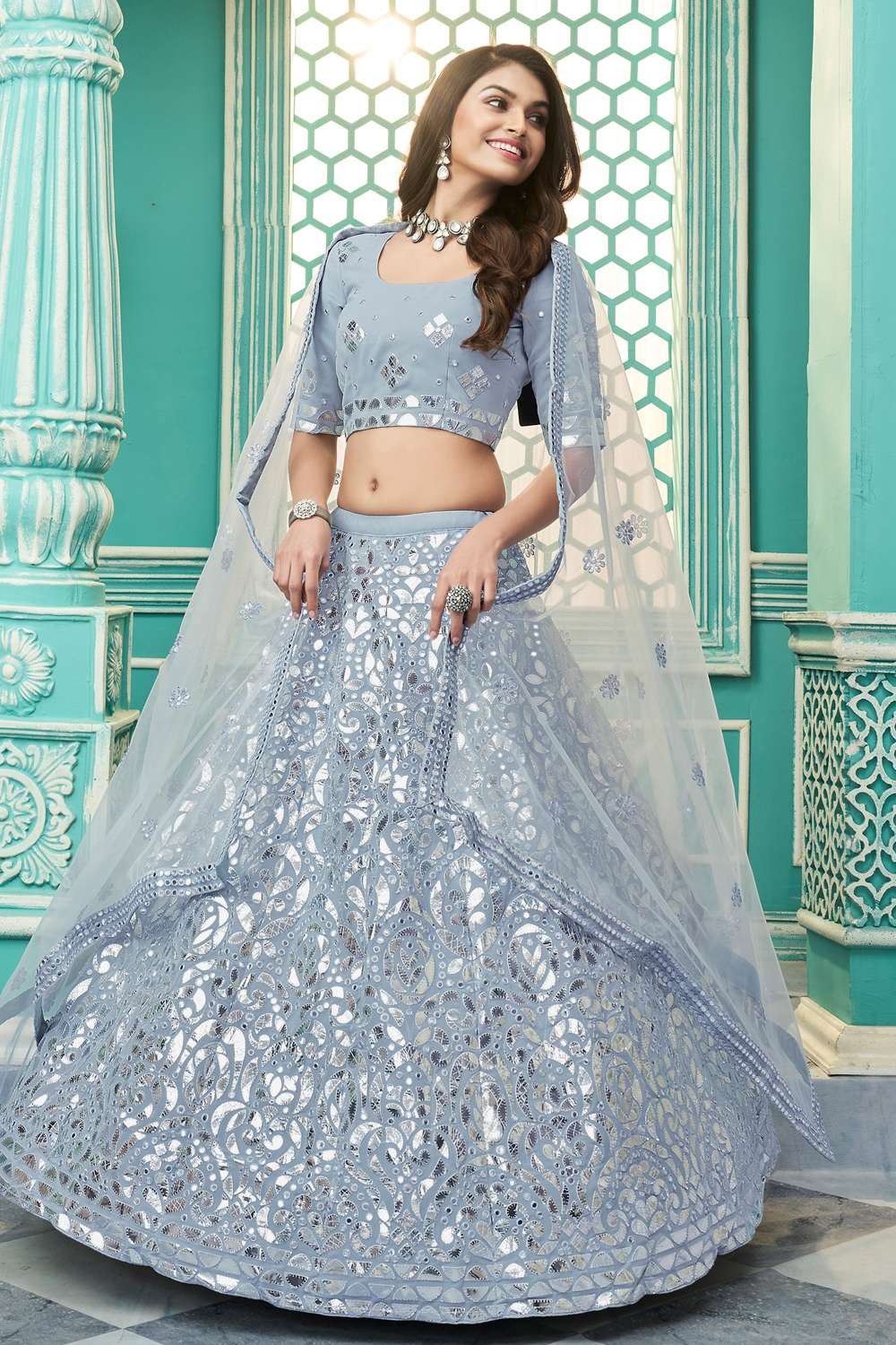 Buy Coral Blue Floral Art Nouveau Patterned Bridal Lehenga Online in India  @Mohey - Mohey for Women