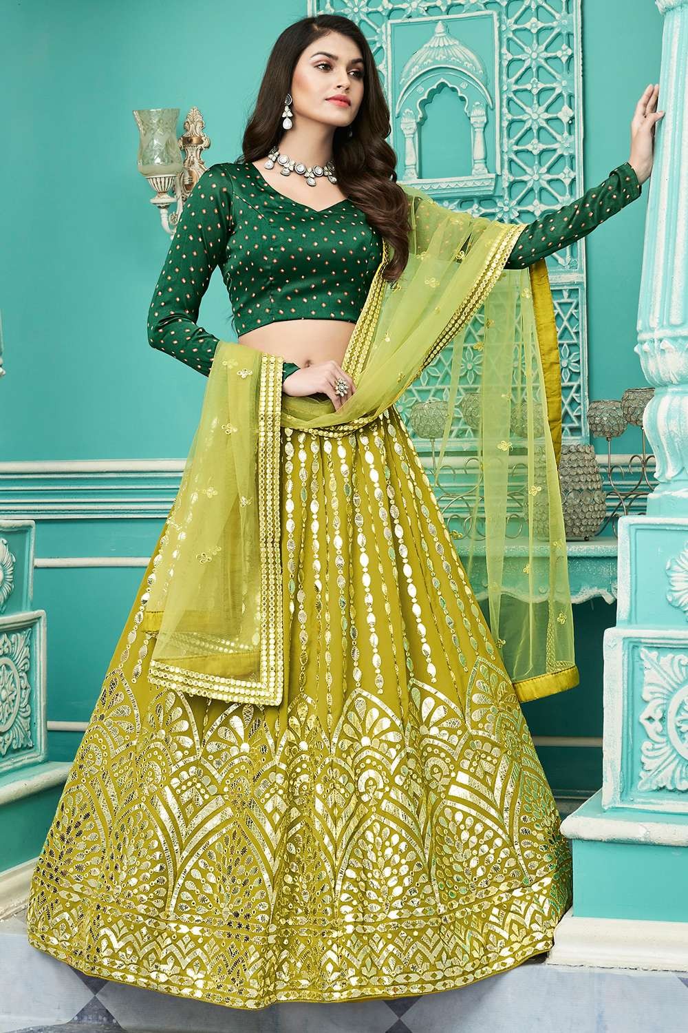Buy Green Floral Printed Banglori Silk Bridal Lehenga Choli With Dupatta  Online from EthnicPlus for ₹3,949.00