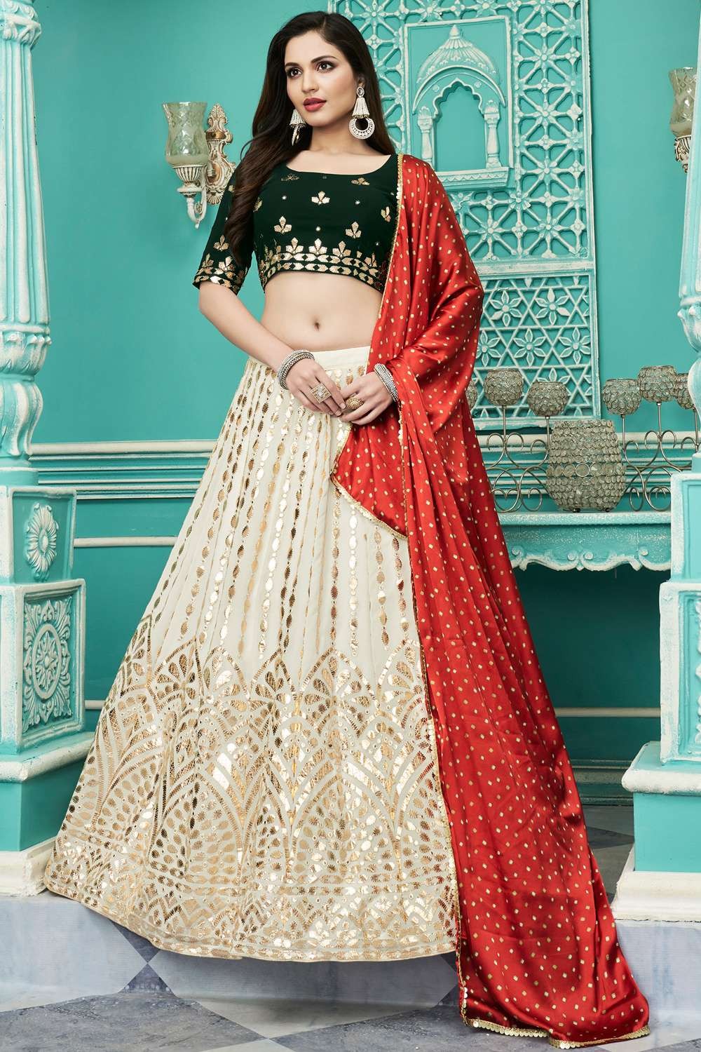 Shop Off white Georgette Embroidered Kali Lehenga Set Party Wear Online at  Best Price | Cbazaar