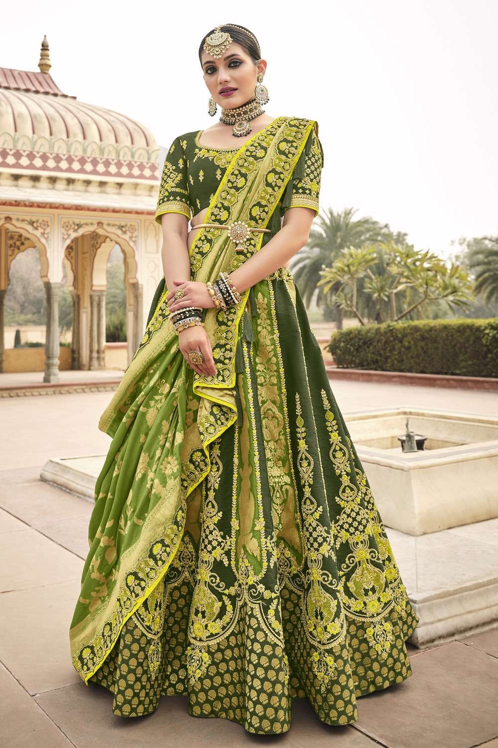 act8704 1 olive party lehenga choli in silk with embroidered lc4830