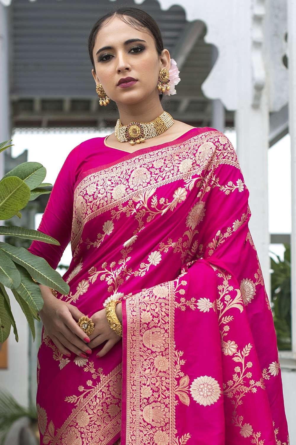 Buy Hot Pink Banarasi Silk Designer Traditional Saree Online : Italy - Saree