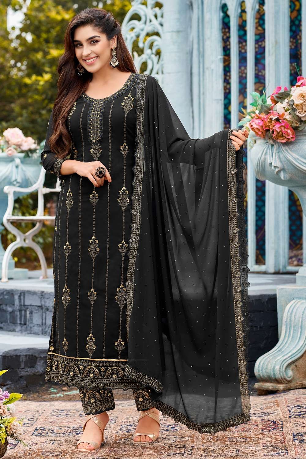 Black Georgette Straight Kurta, Kurti Pant Suit,embellished Georgette  Salwar Suit, Pakistani Suit,salwar Kameez,embroidered Eid Dress 