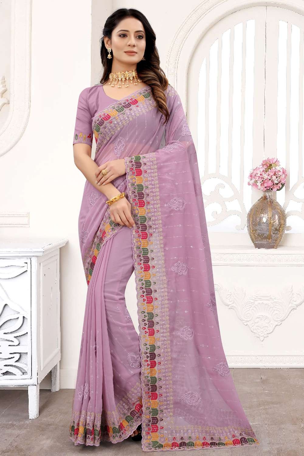 Buy Lavender Printed Georgette Pre Draped Sharara Saree With Blouse- Set of  2 | 3089Lavender/SAHI2 | The loom