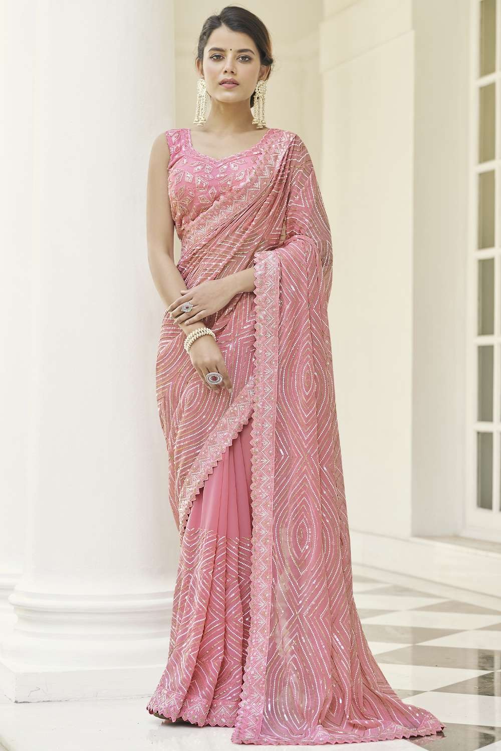 Baby Pink Saree with Thread and Embroidered Blouse