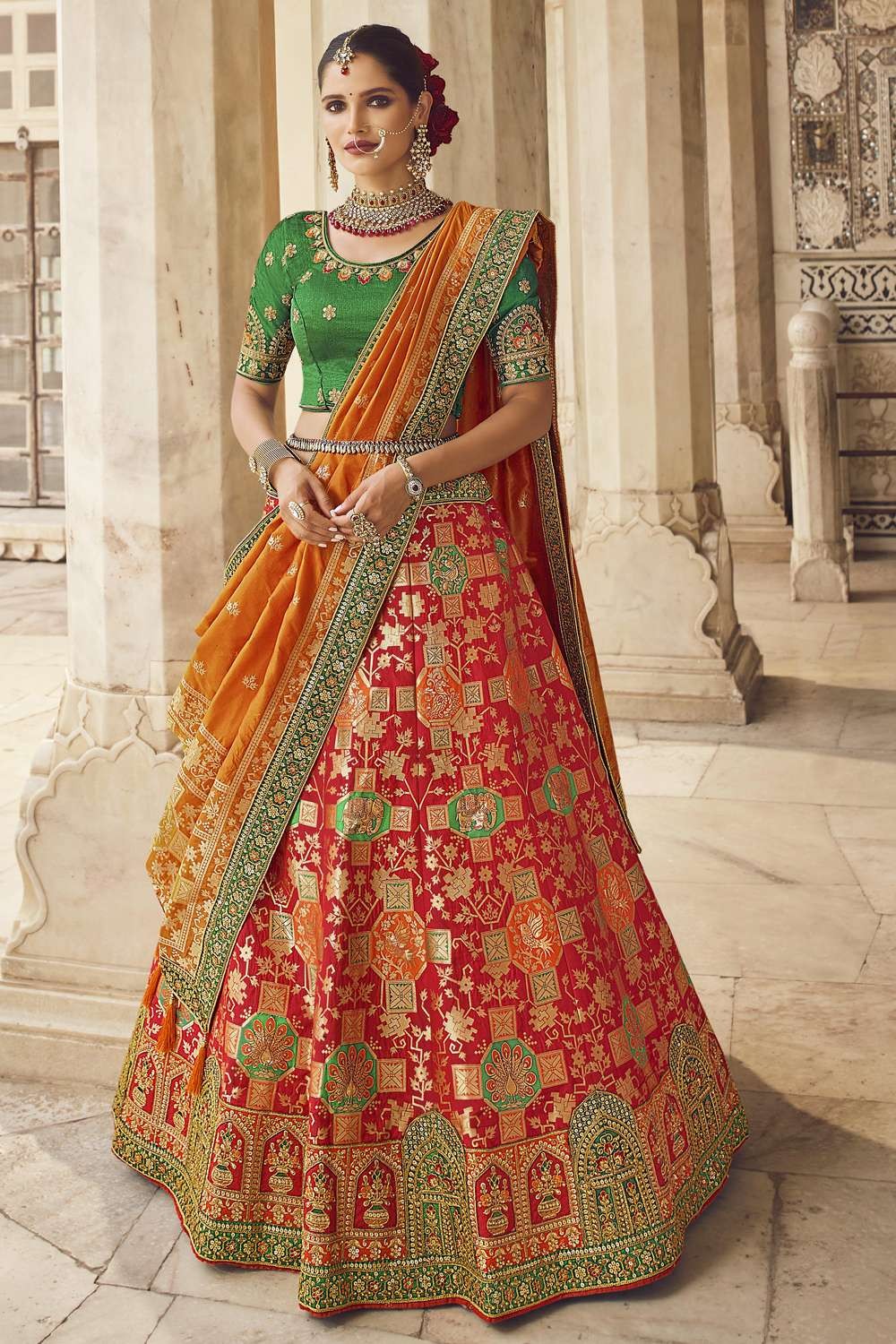 Party Lehenga Choli in Green Banarasi silk with Embroidered - LC5423