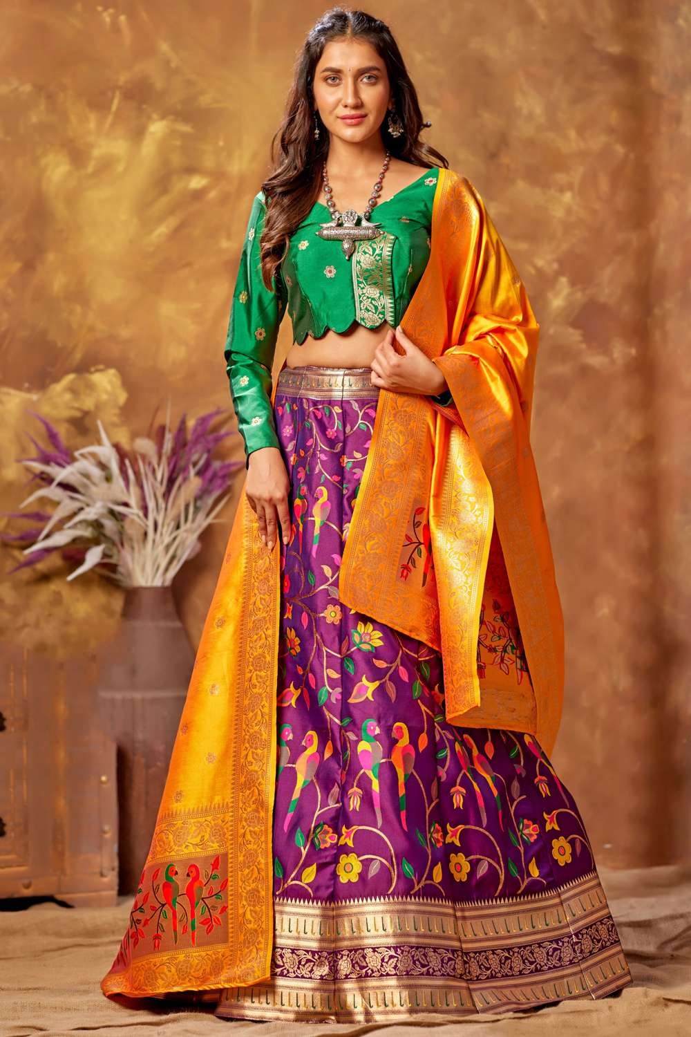 Buy Purple & Yellow Stone Embroidered Silk Sangeet Lehenga Online | Samyakk