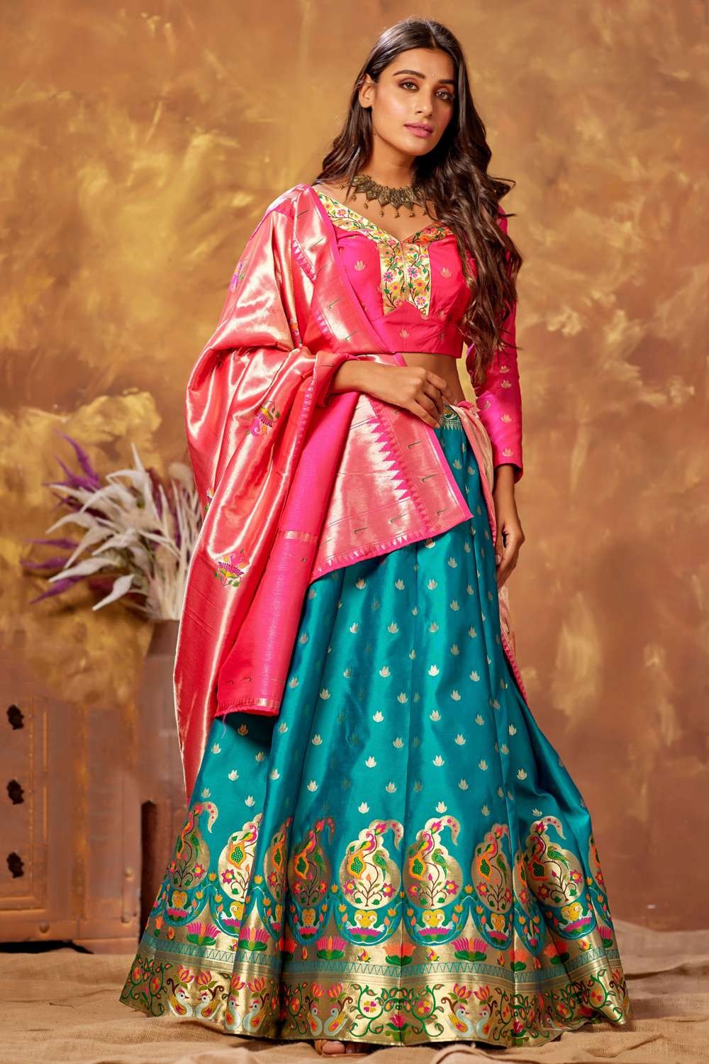 Buy Turquoise Georgette Dori A - Line Lehenga Online : UAE -