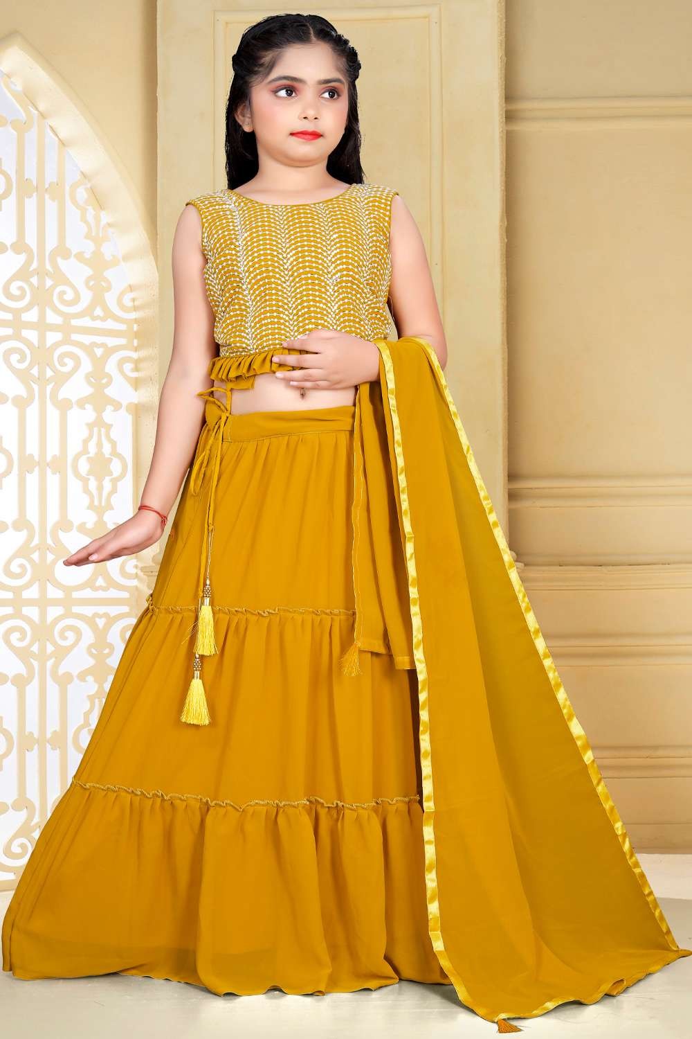 Buy Yellow Mirror Work Georgette Lehenga Choli With Dupatta Online At Zeel  Clothing