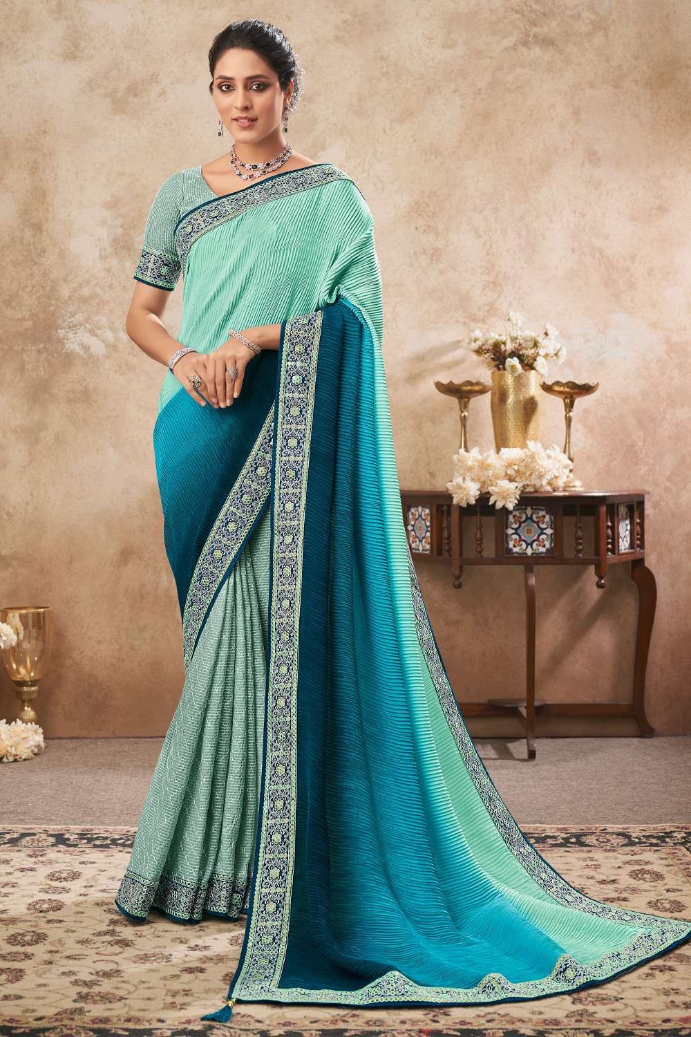 Organza Sequins Aqua Blue Saree -