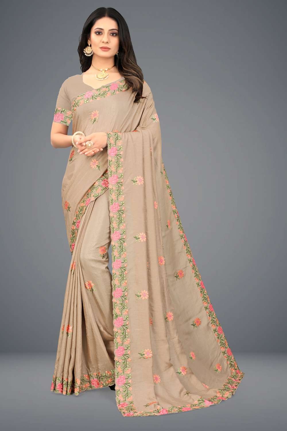 Georgette Solid Ruffle Saree (Chiku) With Heavy Embroidered Blouse