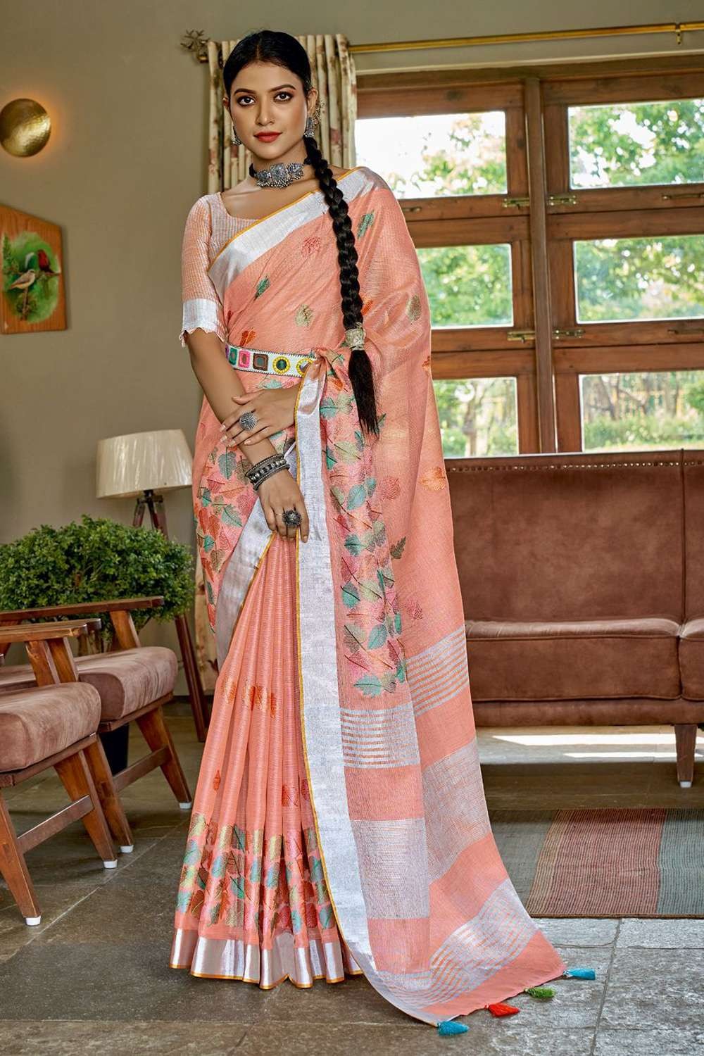 Lite Peach and Brown color Banarasi sarees with printed design saree  -BANS0002172