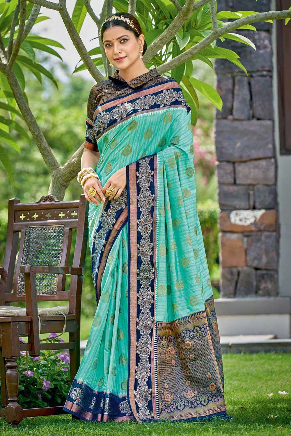 Embroidered Lycra Saree in Sea Green