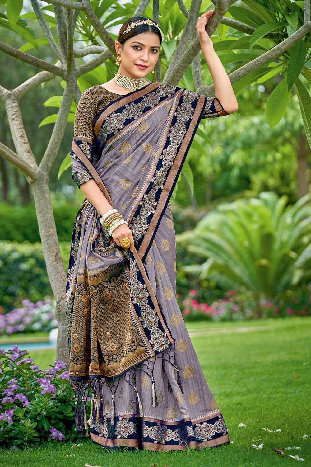 Grey Banarasi Silk New Saree