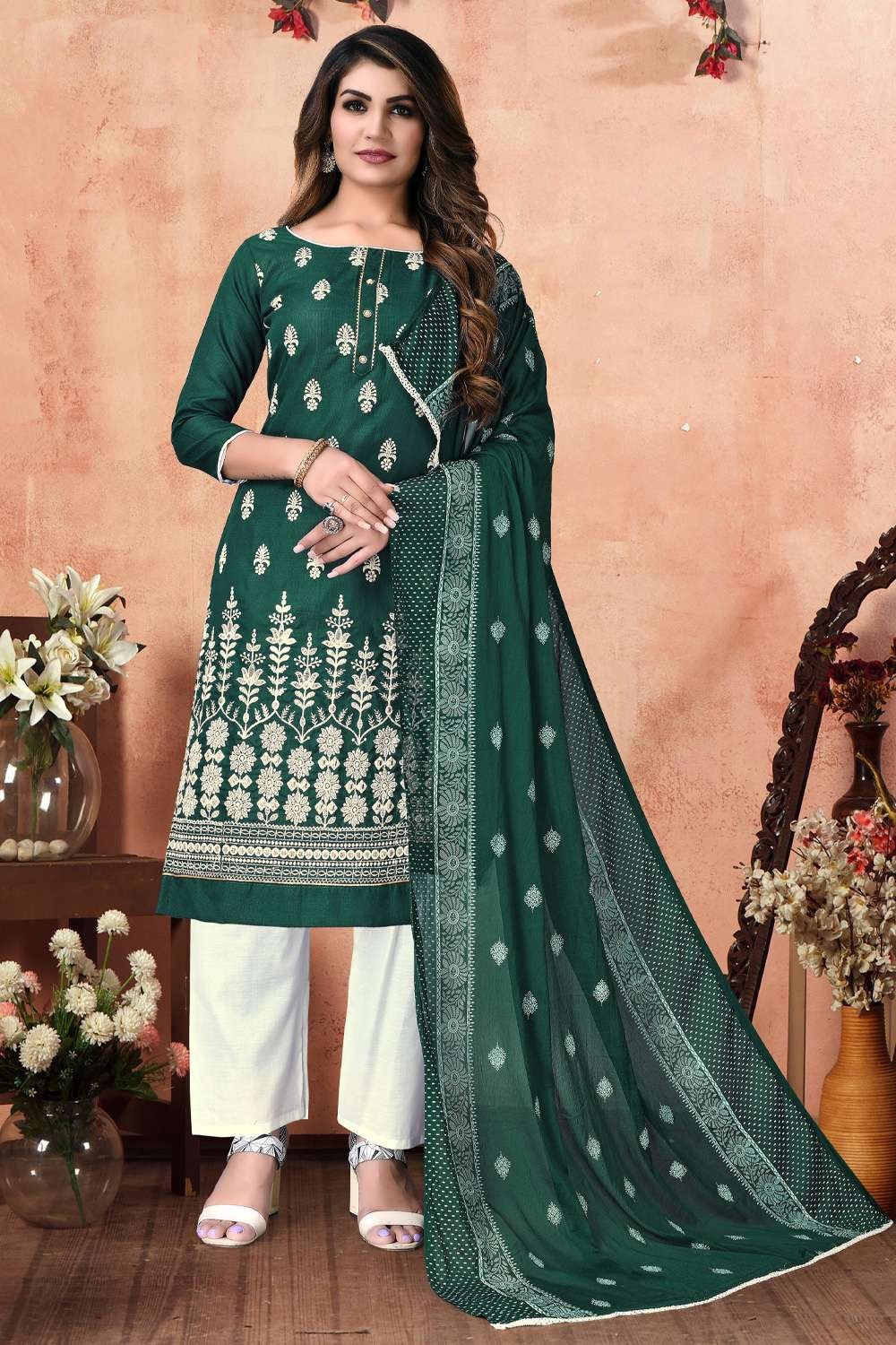 Buy Bunaai Cream Floral Print Georgette Salwar Suit Set For Women Online
