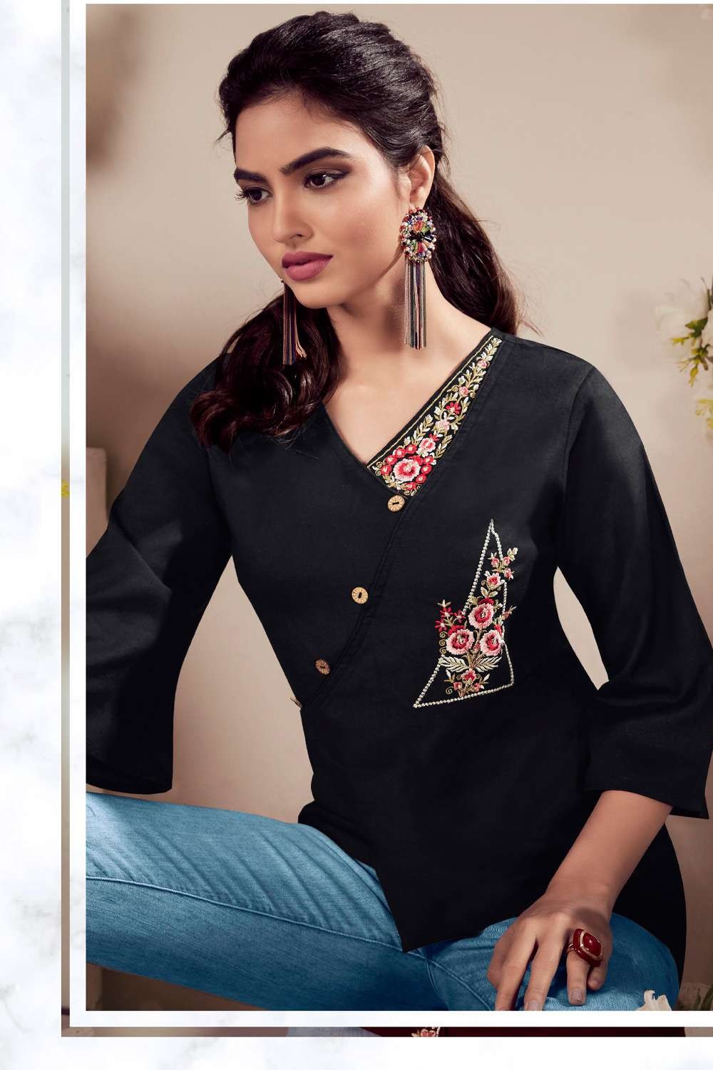 Black Straight Kurti in Embroidered Cotton