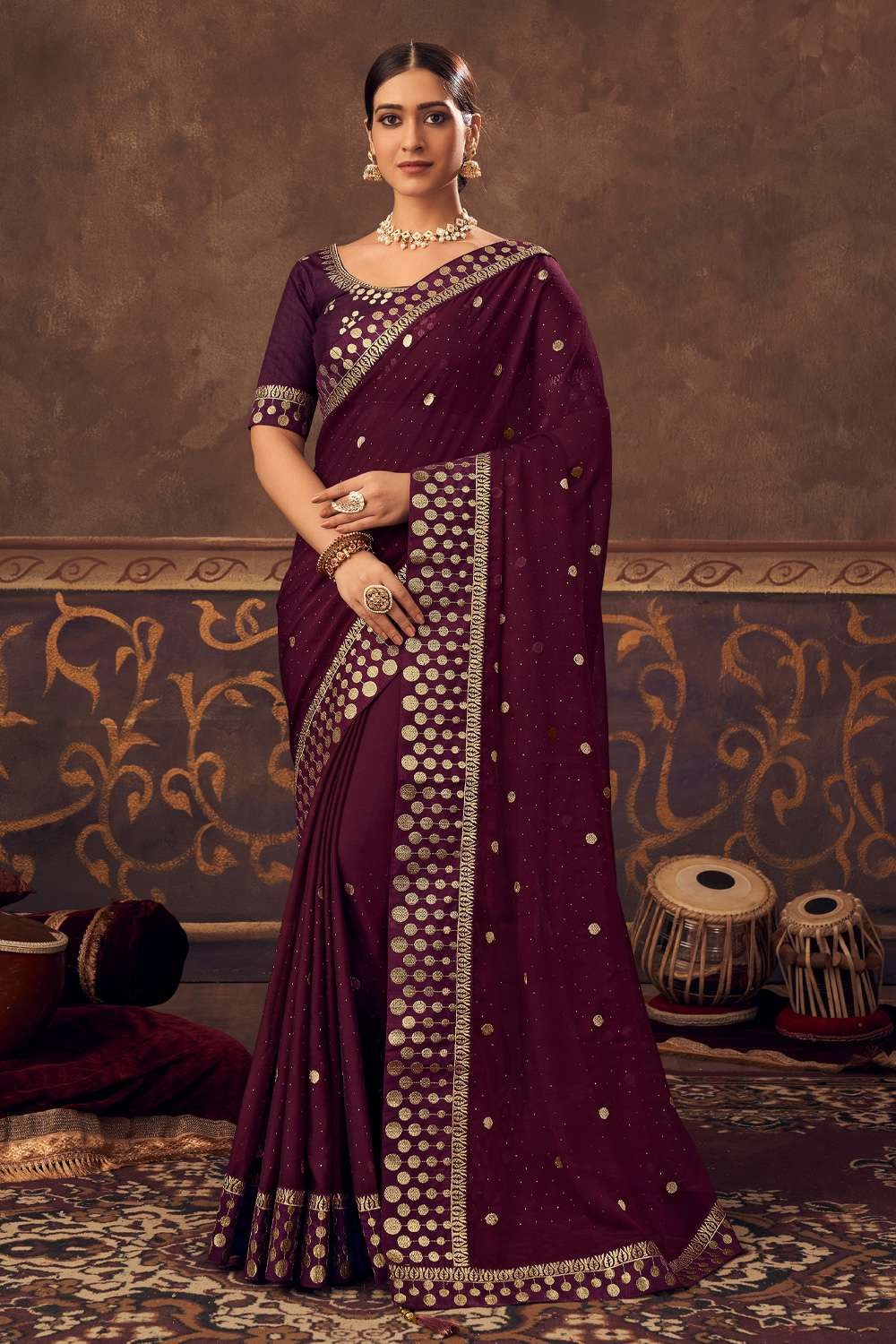 Women's Pleated Satin Dark Purple Saree|SARV129715