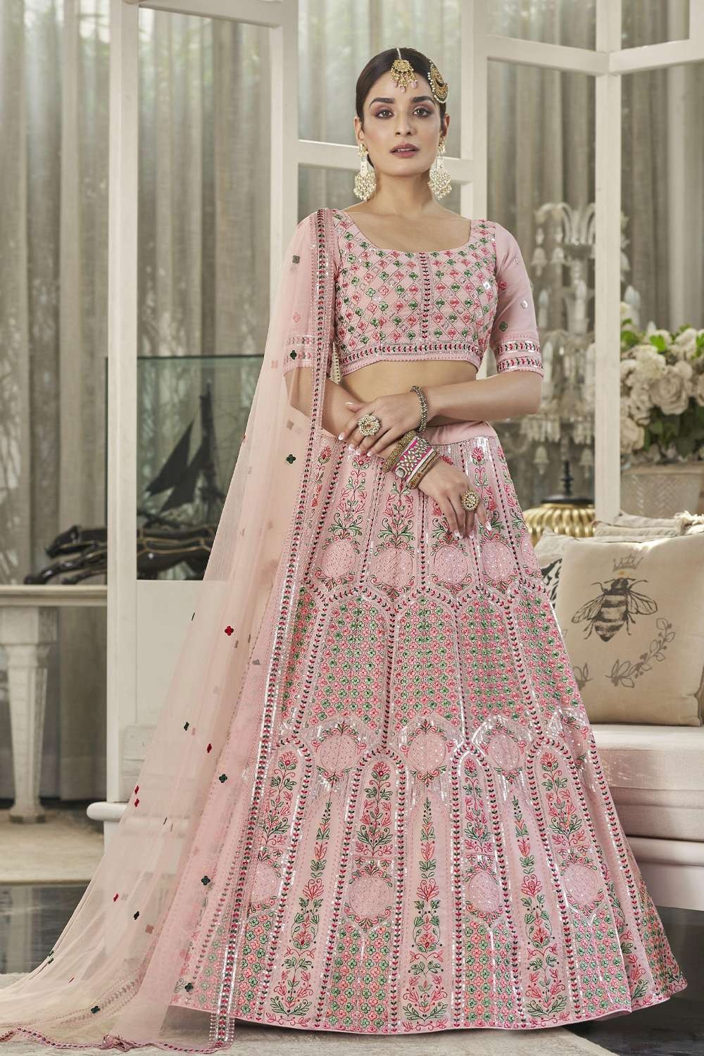 Weaving Wedding Lehenga Choli in Pink Cotton - LC6989