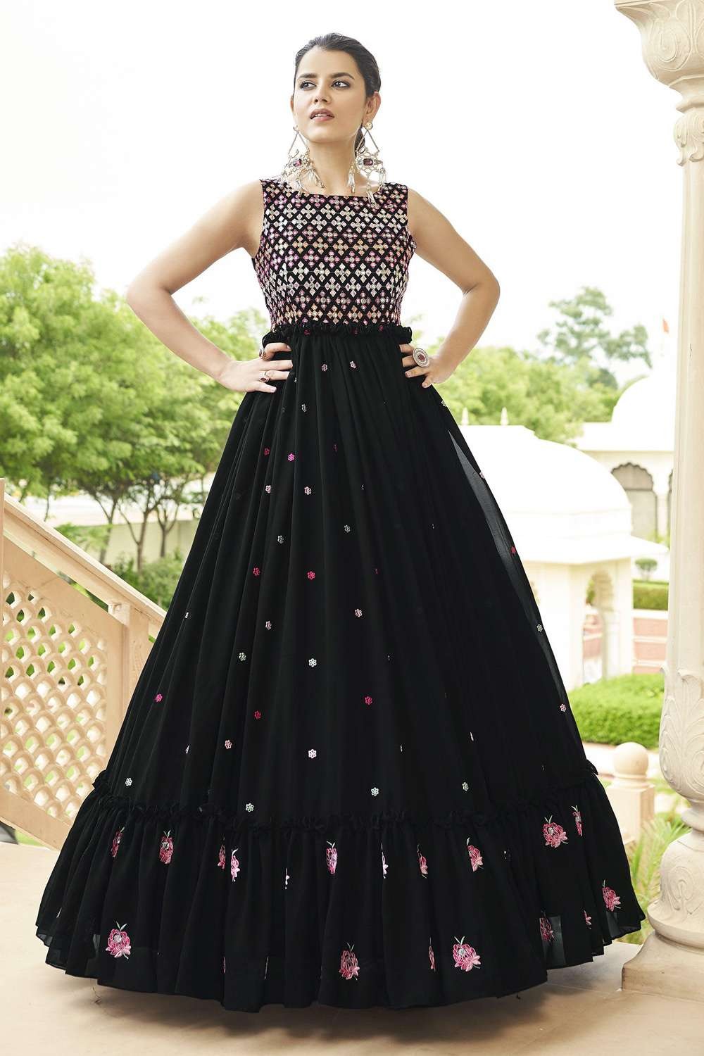 Black georgette gown with heavy embroidery work koti shrug | Gowns,  Designer anarkali suits, Anarkali suits