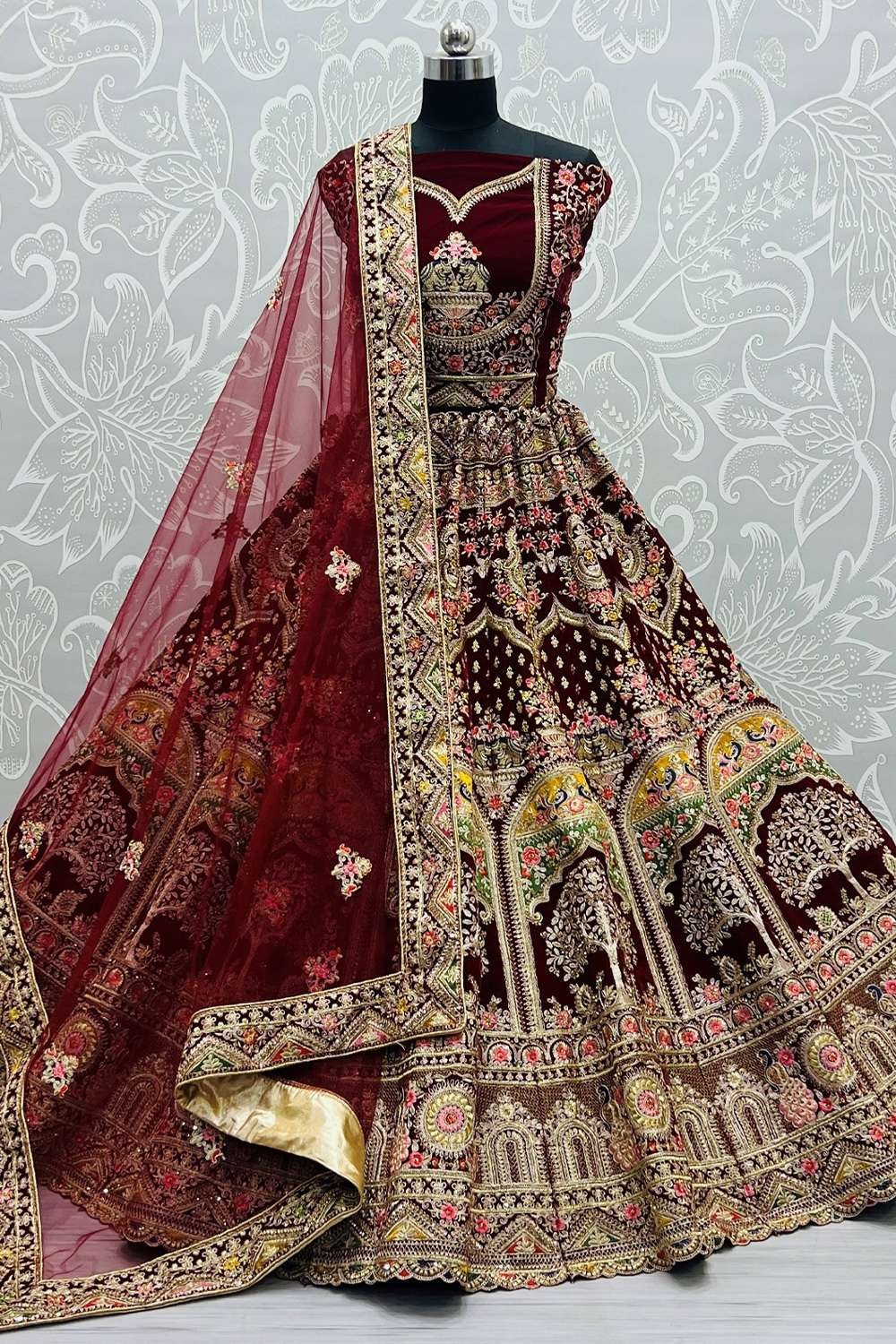 Red Micro-Velvet Bridal Lehenga – Mongas