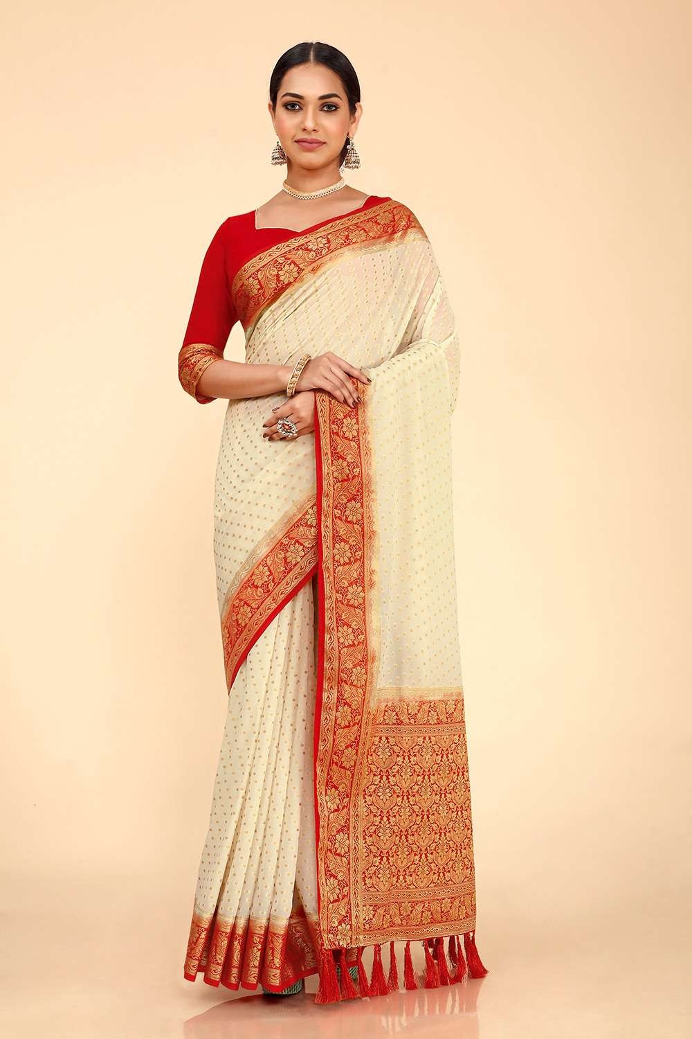 White Weaving Georgette and silk Karva Chauth Saree - SR22596