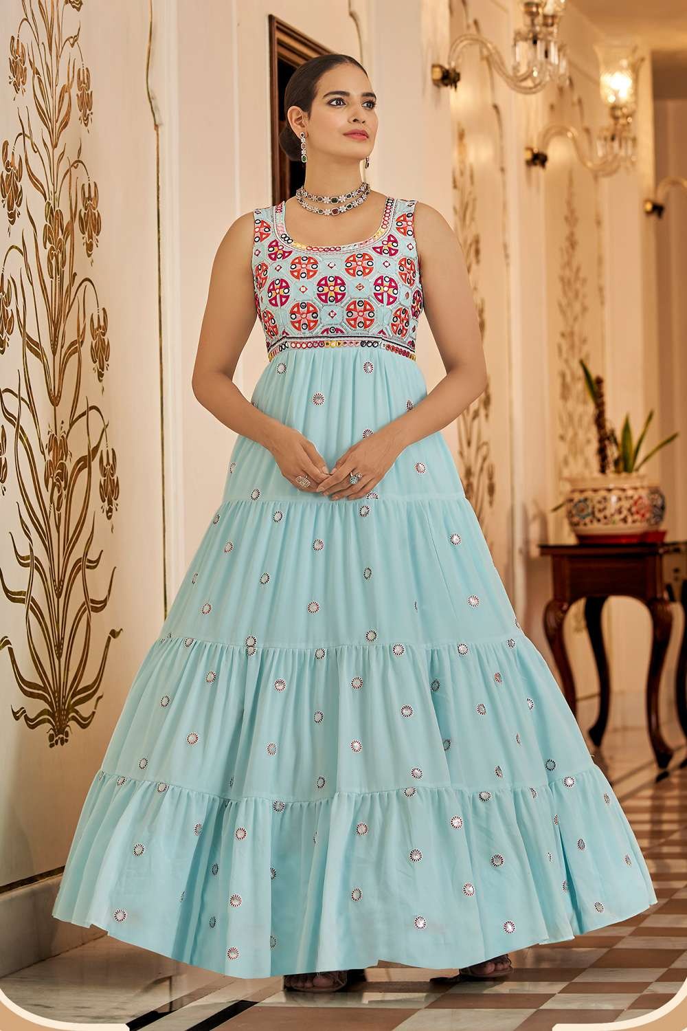 Blue Silk Designer Gowns For Wedding – Gunj Fashion