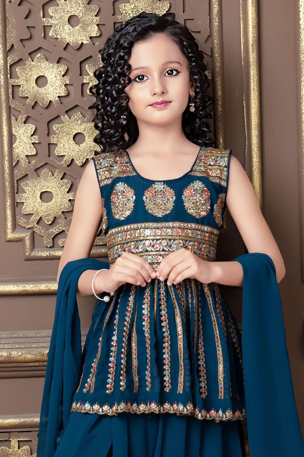 acu6402 1 embroidered diwali girls dress in rama faux georgette gl0070 2