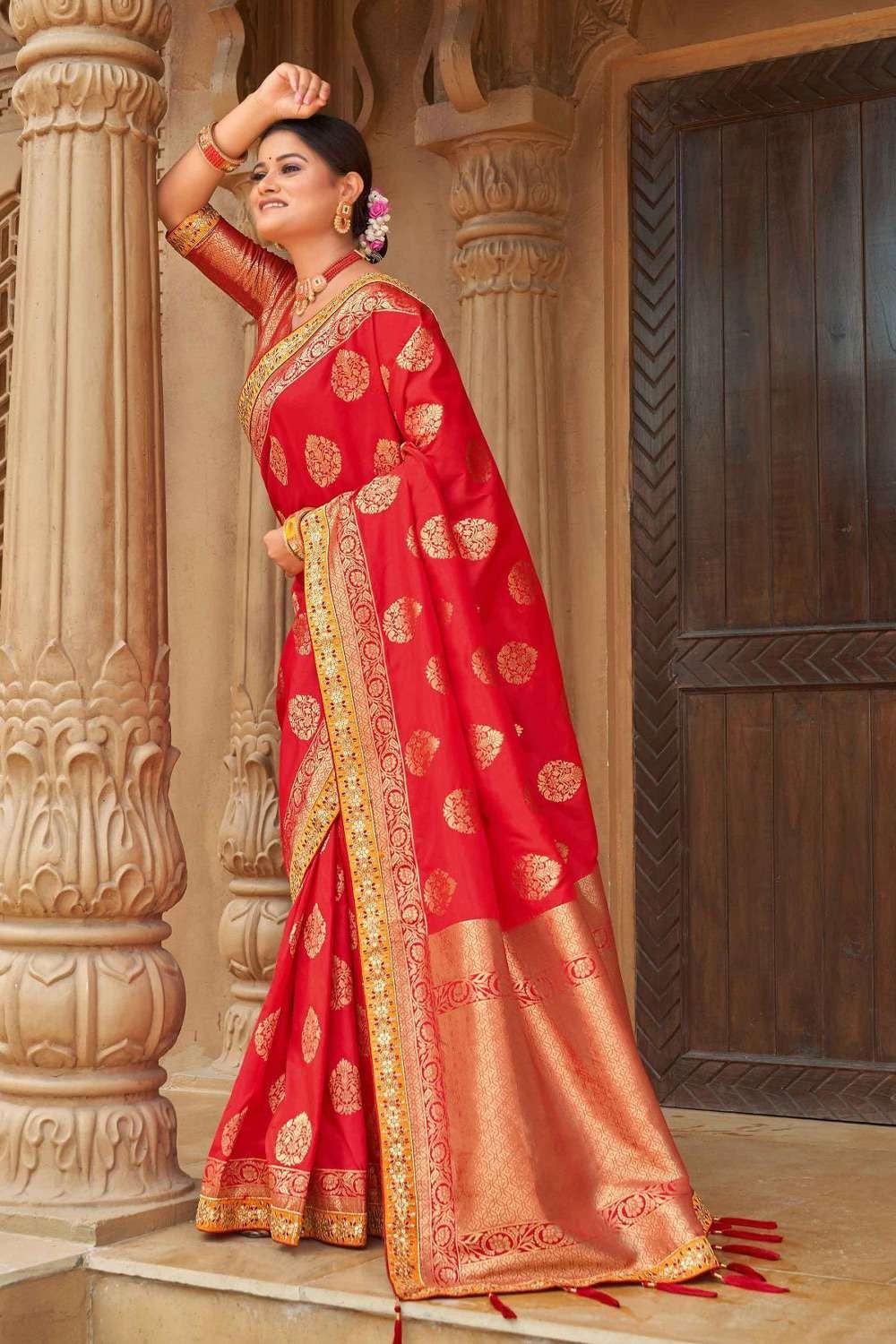 Sangria Red Zari Woven Banarasi saree – MySilkLove