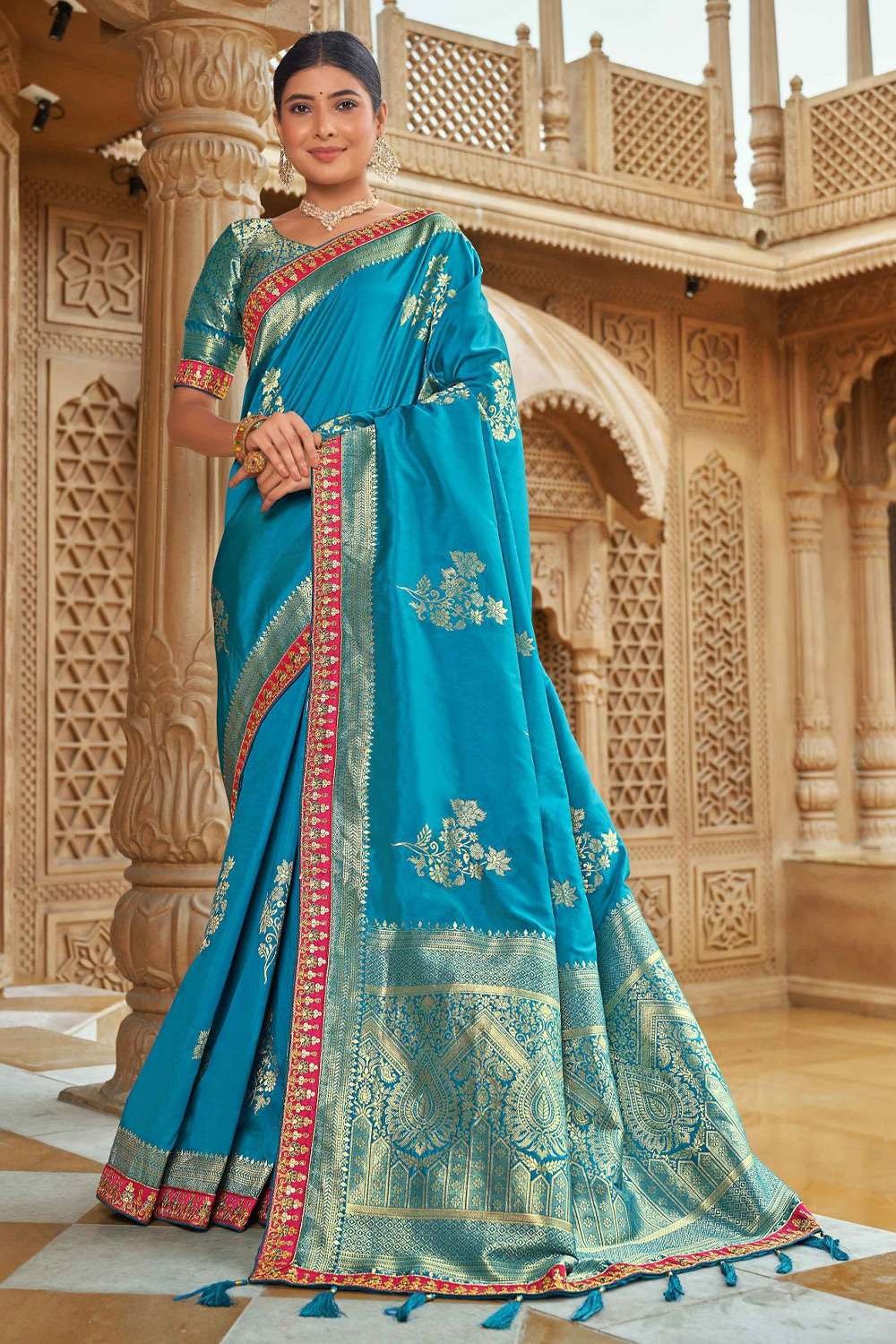 Buy Light Blue Banarasi Katan Zari Weaving Saree Festive Wear Online at  Best Price | Cbazaar