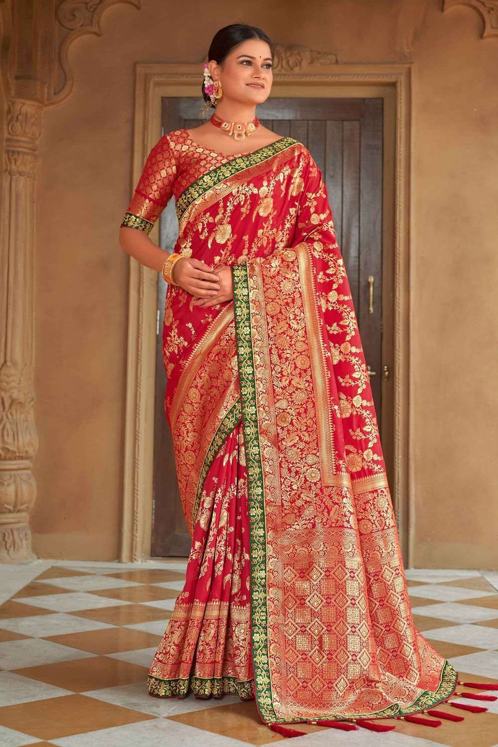 Handloom Red Kora Silk Banarasi Saree With Floral Border – WeaverStory