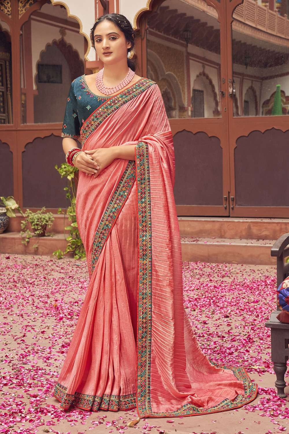 PURE BANARAS COTTON KORA Dark Sky Blue & Rose Pink Combination Sar –  Gayathri Reddy Traditional Designer Studio