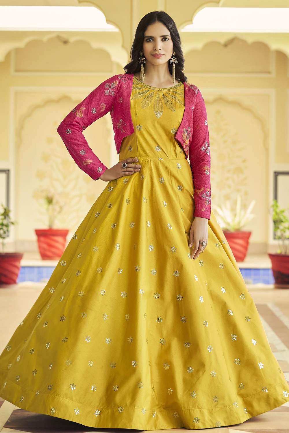 Yellow Long Flared Dress with Aari, Cut Daana and Dabka Kashmiri Embroidery  | Angad Creations