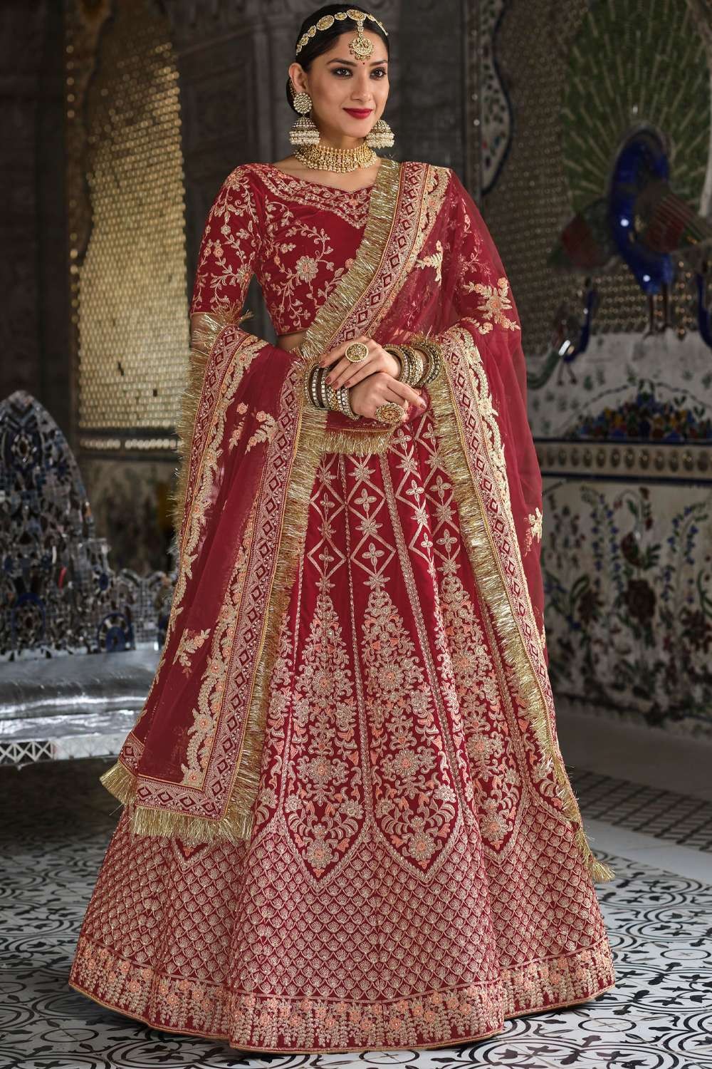 Eye-catching colored Maroon Thread, Dori & Sequins embroidered Velvet  Lehenga Choli for bride - MEGHALYA - 3633814