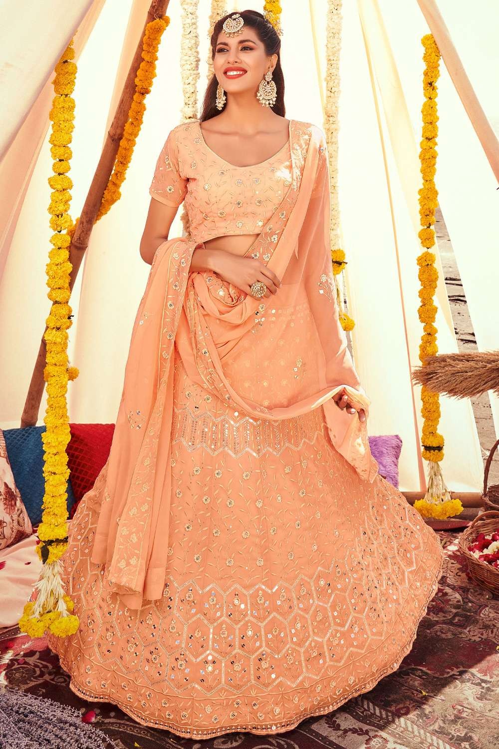 Buy Peach & Multi Colour Gulbahar Embroidered Lehenga Set Online - RI.Ritu  Kumar International Store View