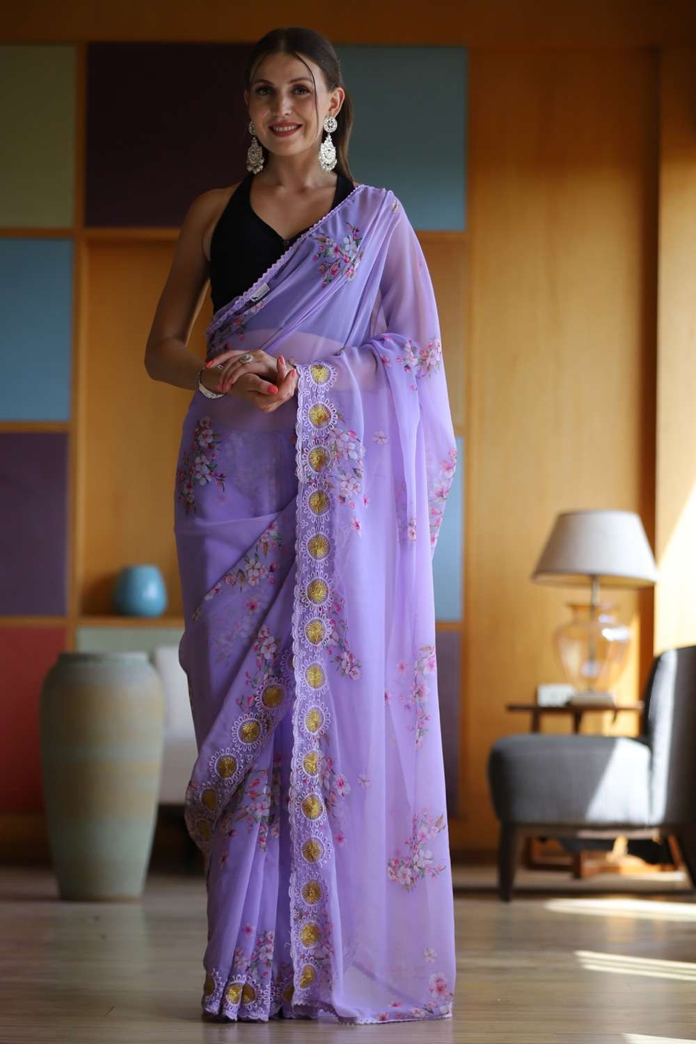 Exquisite Purple Zari Embroidery Chinnon Weddings Wear Saree With Blouse (Un-Stitched)