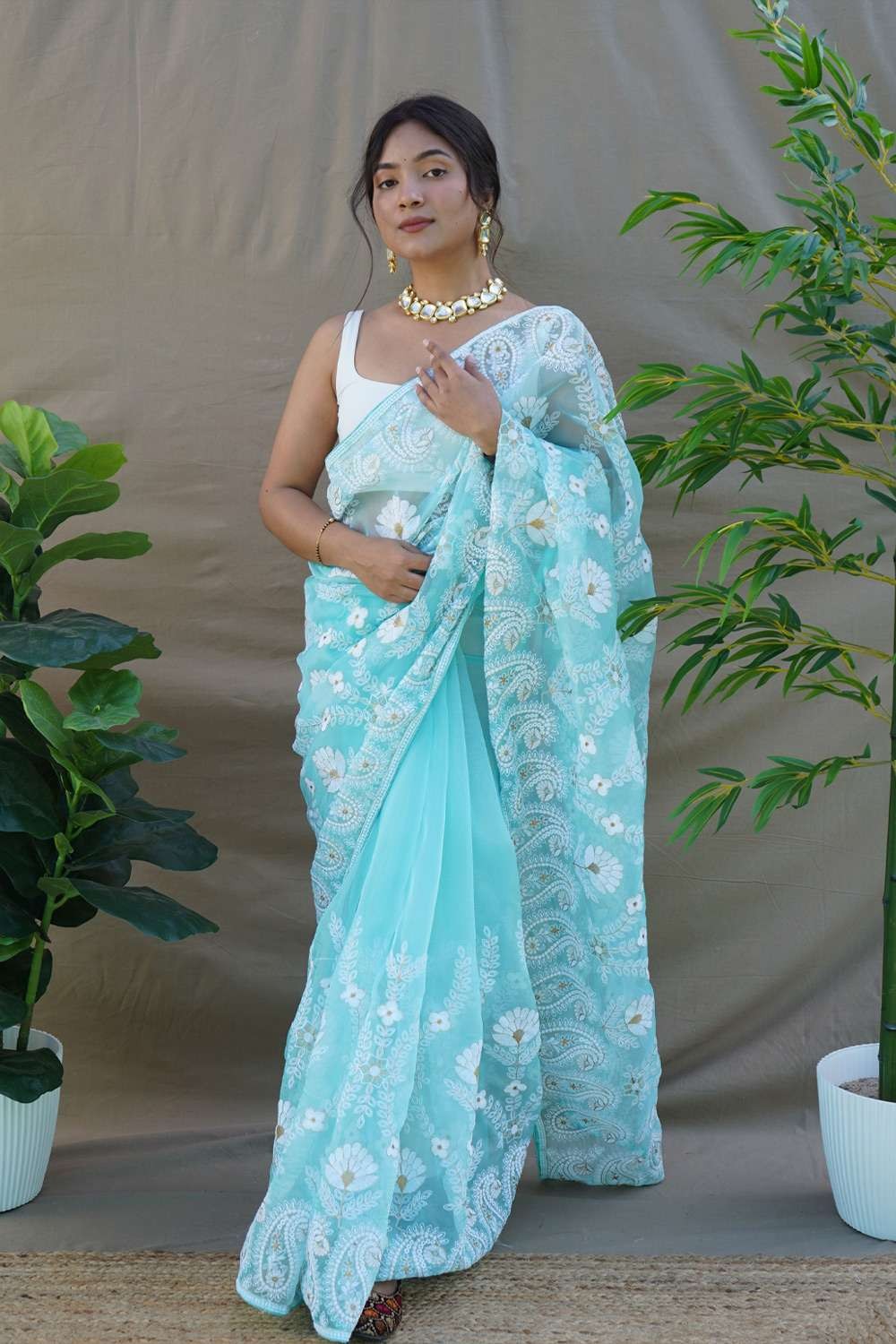 Sky Blue Saree For Embroidered Best Feeling - Asistha.com
